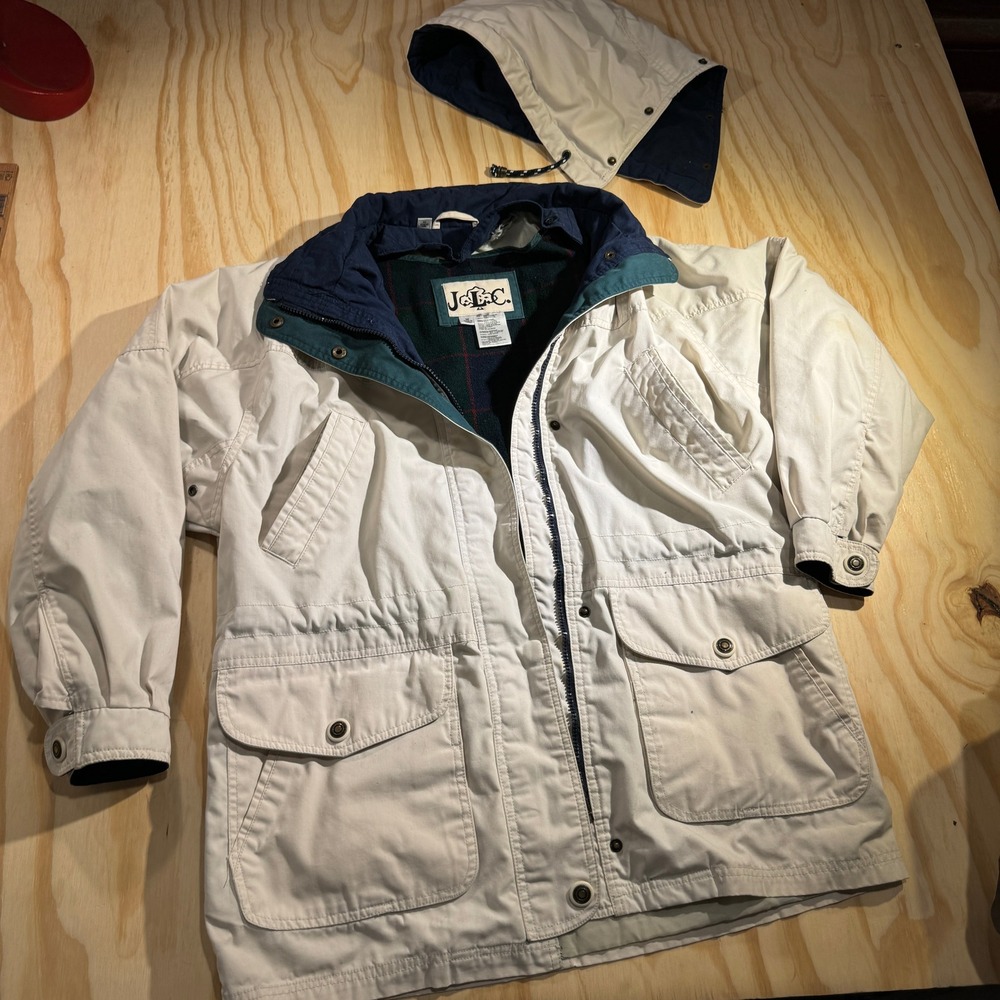 Vintage JLC Men's Utility Parka Jacket Cream Navy Plaid Lined Hooded Medium